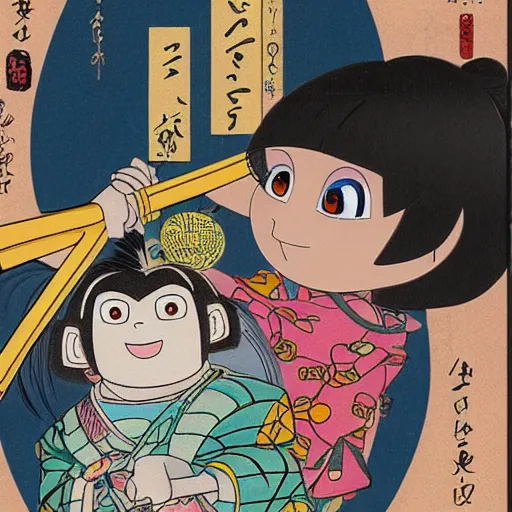 Image similar to real girl dora the explorer and boot the monkey ukiyo-e highly detailed