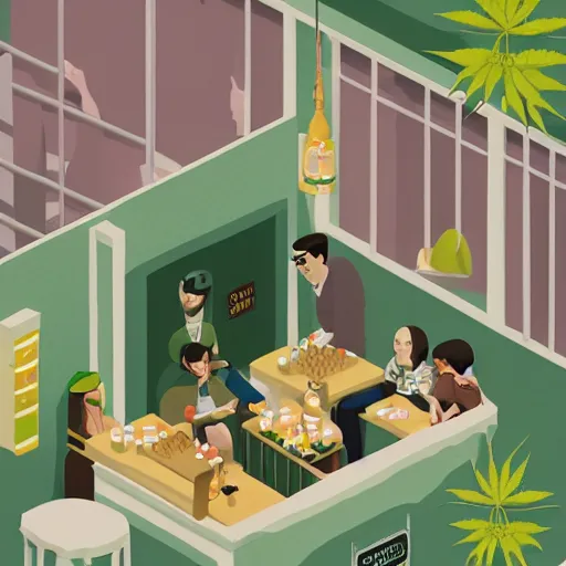 Prompt: cannabis cafe isometric fun style rendered by pixar, by ren hang