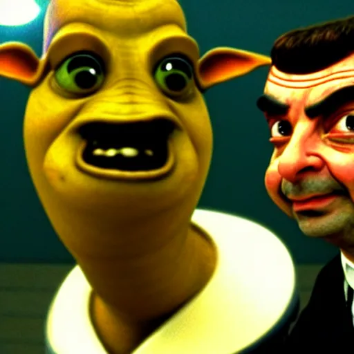 Image similar to mr. bean as jarjar binks from star wars. movie still. cinematic lighting.