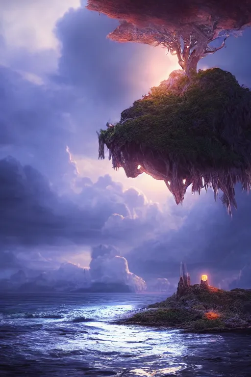 Image similar to a tiny magical island in the ocean, dramatic lighting, cinematic, establishing shot, extremely high detail, foto realistic, cinematic lighting, post processed, concept art, high details, cinematic, 8k resolution, beautiful detailed, photorealistic, digital painting, artstation, concept art, smooth, sharp focus, artstation trending, octane render, unreal engine