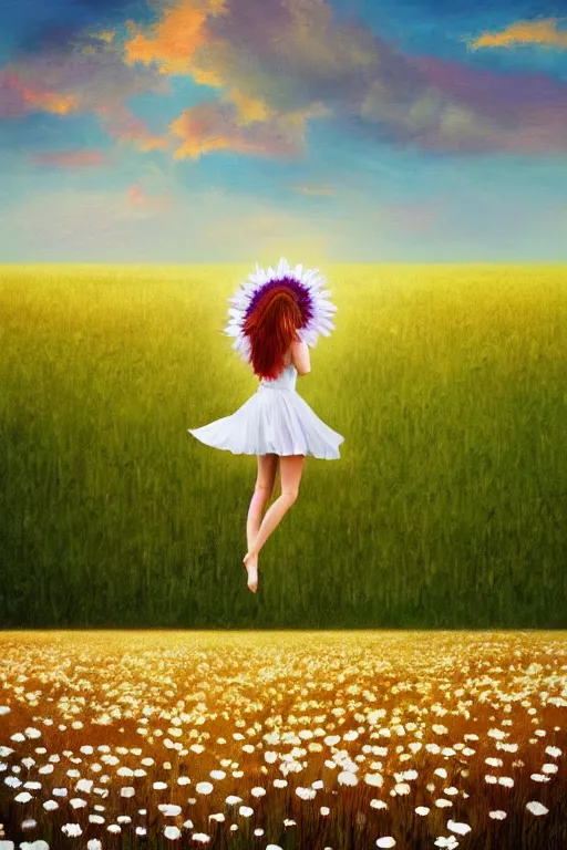 Image similar to giant white daisy flower as head, full body girl dancing in a flower field, surreal photography, sunrise, dramatic light, impressionist painting, colorful clouds, digital painting, artstation, simon stalenhag