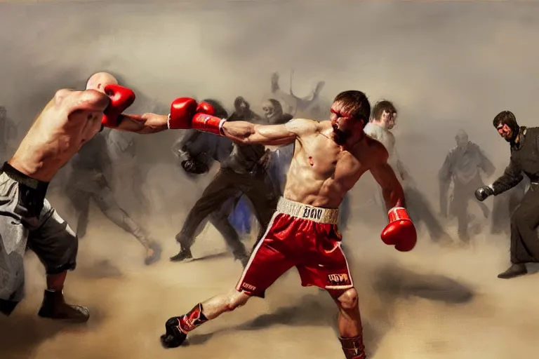 Image similar to jesus christ boxing with vladimir putin, fist fight, detailed faces, in battle by anders zorn, wonderful masterpiece by greg rutkowski, beautiful cinematic light, by greg manchess, jessica rossier