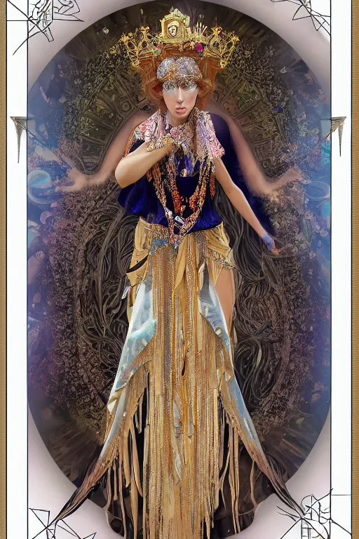 Image similar to a realistic dark photo of a miss of the world as an ancient goddess in jewelery and fractals in style of alphonse mucha art nuvo dmt trending on artstation made in unreal engine 4