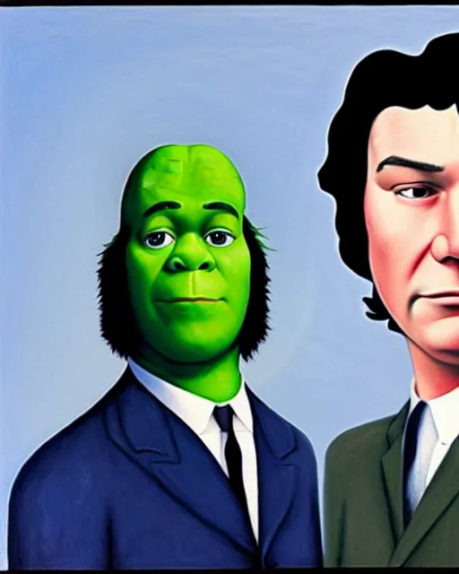 Image similar to magritte painting of keanu reeves and shrek