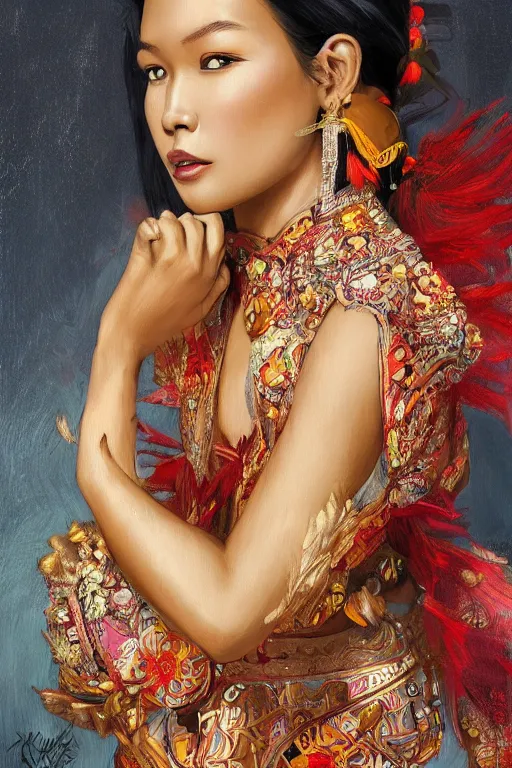 Image similar to portrait of an indonesian supermodels wearing traditional costume, highly detailed, digital painting, artstation, concept art, sharp focus, illustration, art by kittichai rueangchaichan and james gurney and alphonse mucha