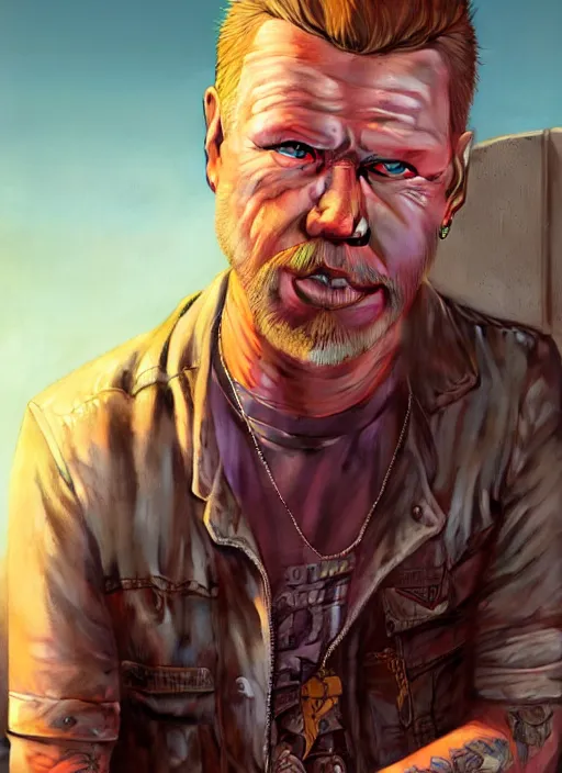 Image similar to highly detailed portrait of james hetfield in gta v, stephen bliss, unreal engine, fantasy art by greg rutkowski, loish, rhads, ferdinand knab, makoto shinkai and lois van baarle, artgerm, pixar, ilya kuvshinov, rossdraws, tom bagshaw, global illumination, radiant light, detailed and intricate environment