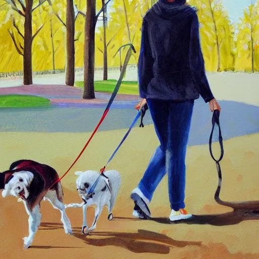 Prompt: painting woman walking a dog in a park