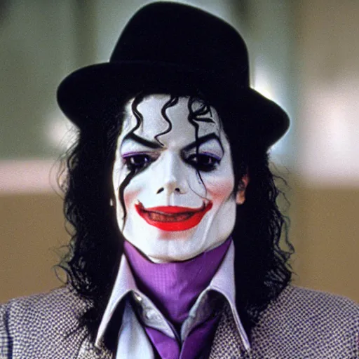 Image similar to a film still of Michael Jackson starring as The Joker, 40mm lens, shallow depth of field, split lighting, cinematic