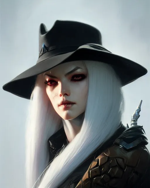 Image similar to ashe from overwatch, white hair, black hat, character portrait, portrait, close up, concept art, intricate details, highly detailed by greg rutkowski, michael whelan and gustave dore