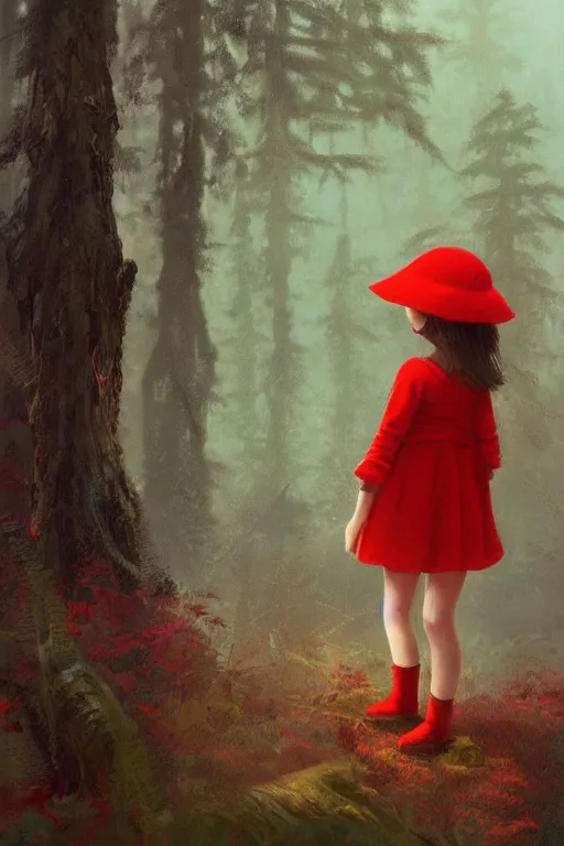 Prompt: a little girl in red hat , forest, Distant view, by Bruce Pennington and Ross Tran trending on artstation, trending on deviantart