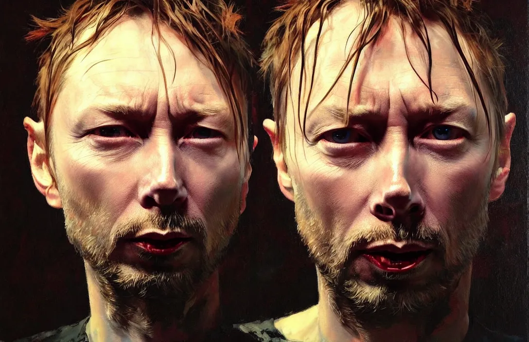 Image similar to portrait of thom yorke!!!!!!!!!!!!!!!!!!!!!!!!!!!, detailed face, detailed painting, epic lighting, by ilya repin, phil hale and kent williams