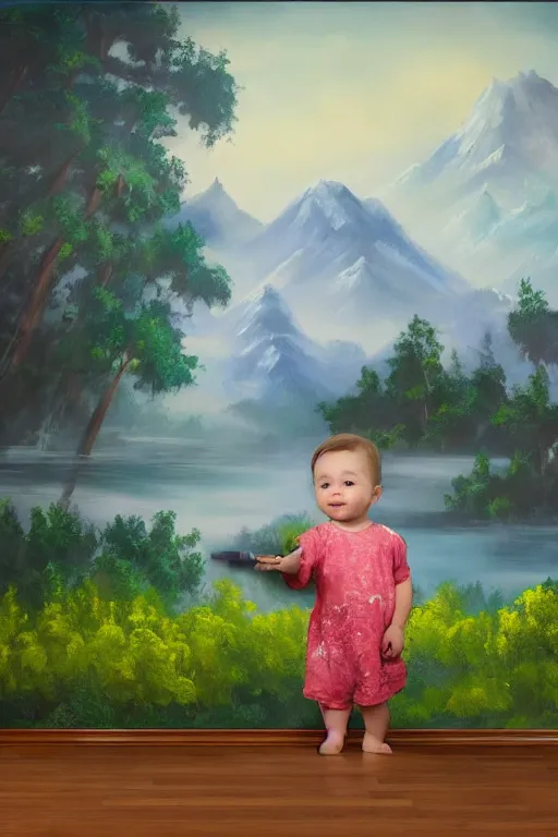 Prompt: a baby version of bob ross, in front of a finger painted mural on a wall, dramatic lighting, cinematic, establishing shot, extremely high detail, foto realistic, cinematic lighting, post processed, concept art, high details, cinematic, 8k resolution, beautiful detailed, photorealistic, digital painting, artstation, concept art, smooth, sharp focus, artstation trending, octane render, unreal engine