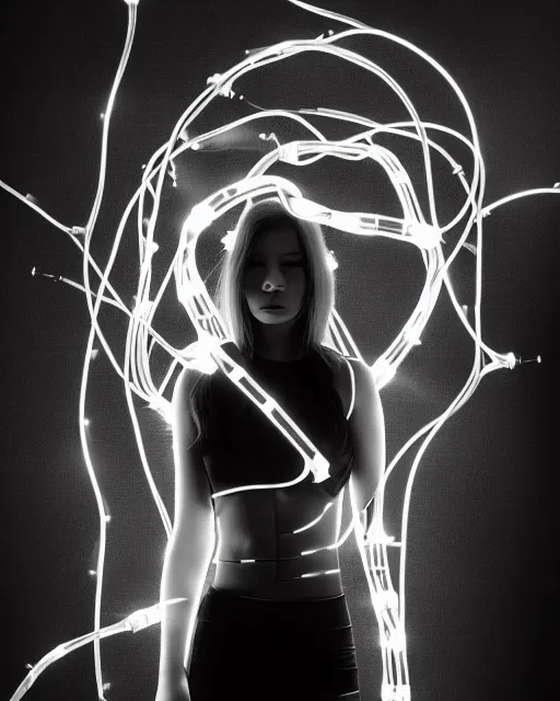 Image similar to black and white artistic photo, young female cyborg - plant goddess, microchip, artificial intelligence, bio - mechanical bio - luminescence, black wired cables, cinematic, rim light, photo - realistic, 8 k