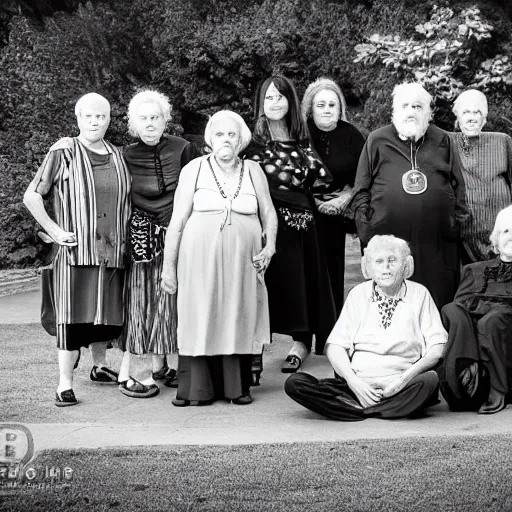 Prompt: an old age home for geriatric dark goths. photograph group portrait.