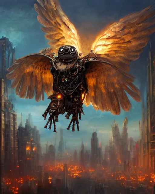 Prompt: oil painting of Gigantic Steampunk Owl Robot destroying city, sharp focus, exploding golden steampunk city background, full body, heroic pose, fantasy style, octane render, volumetric lighting, 8k high definition, by greg rutkowski, highly detailed, trending on art Station, magic the gathering artwork, centered, dramatic artwork, combat scene