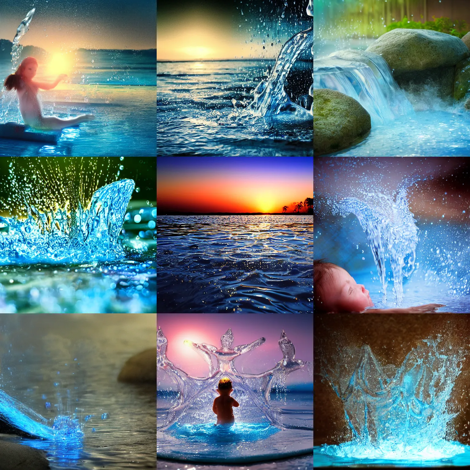 Prompt: closeup fantasy with water magic, at gentle dawn blue light, child draw