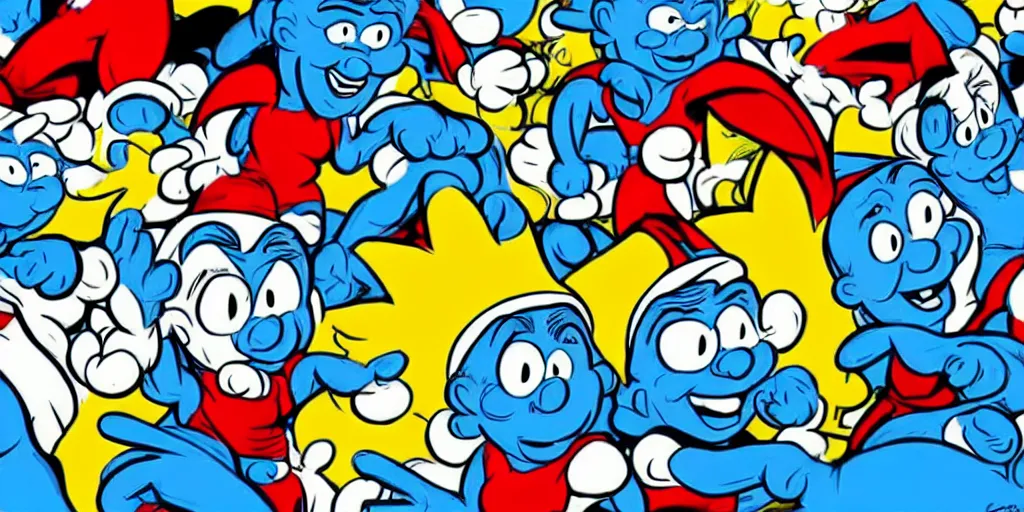 Prompt: the smurfs as superheroes, animation, cell animation, in the style of hanna barbera