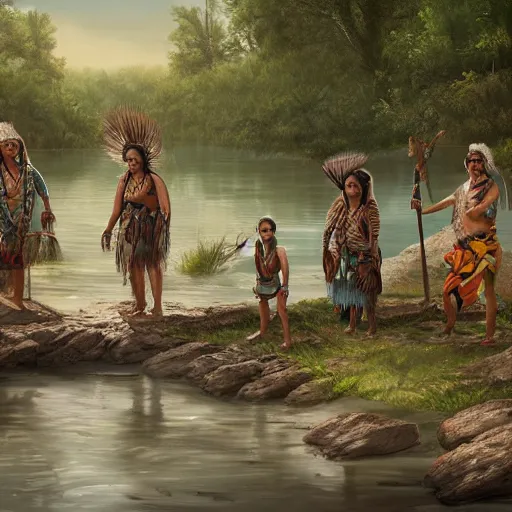 native americans hunting in the forest, realistic