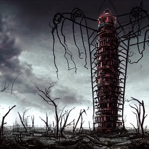 Image similar to giant evil bio-organic fleshy complex machine tower with tendrils and one eyeball at the top looking over a stormy post-apocalyptic wasteland, dystopian art