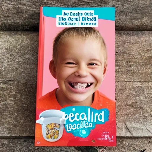 Prompt: photo of a cereal - box with a picture of a smiling broken - toothed child on the cover