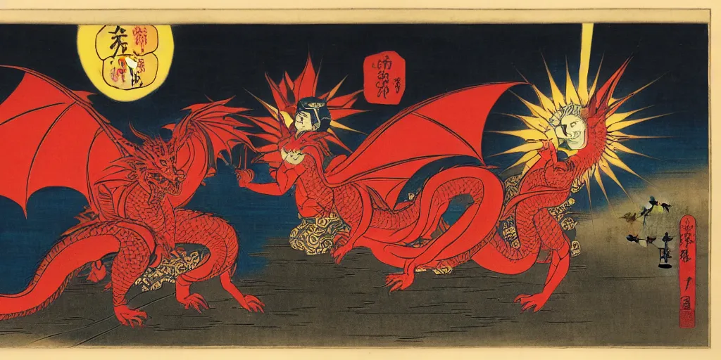 Image similar to The Great Red Dragon and the Woman Clothed with the Sun, at dusk, by Utagawa Kuniyoshi, dramatic lighting, high contrast colors, panoramic view, as trending on Artstation,