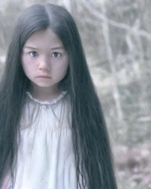 Image similar to Film still of the Little girl from the movie Ring, white skin, long black hair