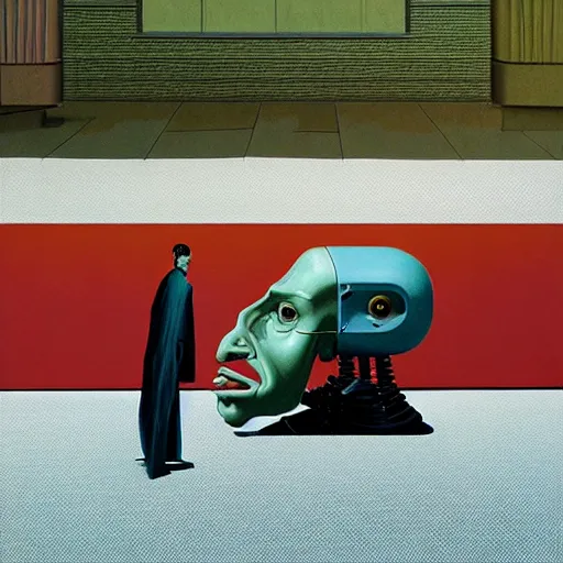 Image similar to Portrait of an artificial intelligence robot,highly detailed, very coherent, painted by Francis Bacon and Edward Hopper, Wayne Barlowe, painted by James Gilleard, surrealism, airbrush, art by JamesJean