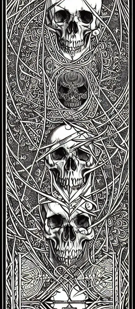 Image similar to a beautiful fractal tarot card featuring bold occult imagery with clean lines. skulls. punk. dimension. haeckel. fish and sea creatures. detailed adult coloring book