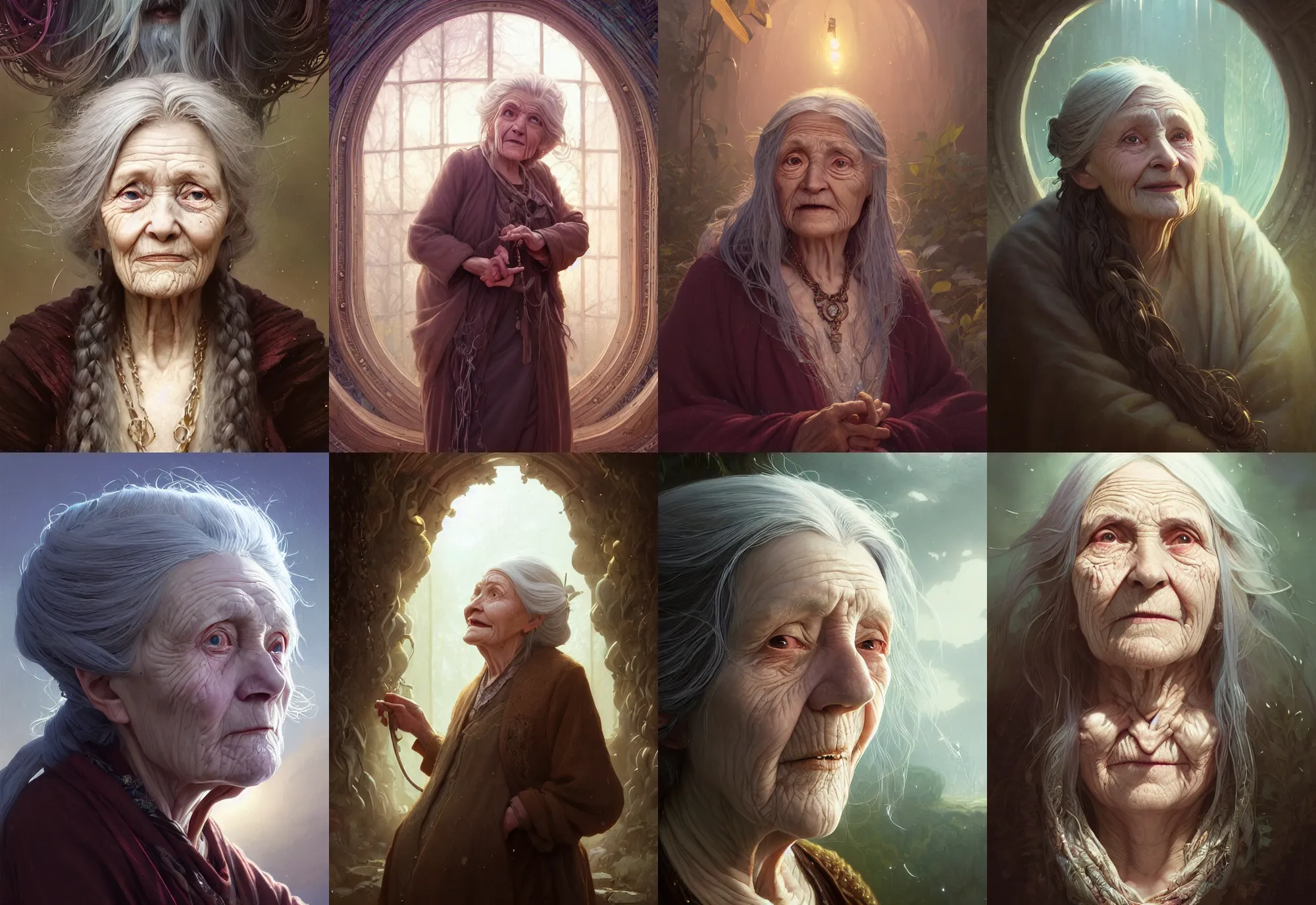 Image similar to highly detailed portrait of a very old woman with long hairs, stephen bliss, unreal engine, fantasy art by greg rutkowski, loish, rhads, ferdinand knab, makoto shinkai and lois van baarle, ilya kuvshinov, rossdraws, tom bagshaw, alphonse mucha, global illumination, radiant light, detailed and intricate environment