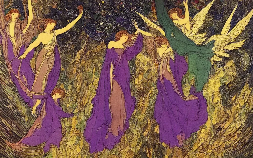 Image similar to vision of angels - a painting of a single angel flying in the sky, with a group of angels flying behind it by harry clarke and jane graverol, style of lilac