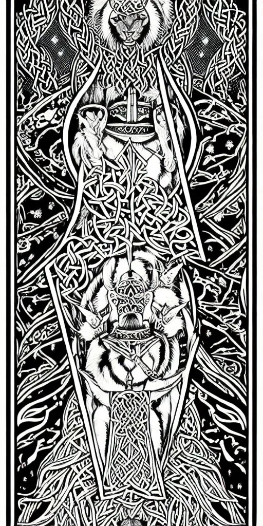 Image similar to a beautiful black and white fractal viking lioness tarot card featuring bold occult imagery with clean lines. detailed adult coloring book