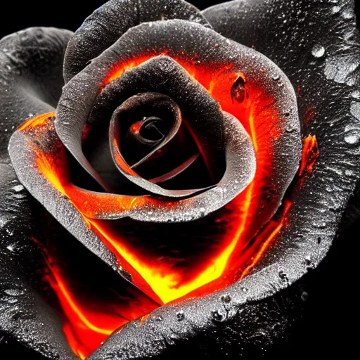 Image similar to award - winning macro of a beautiful black rose made of glowing molten magma