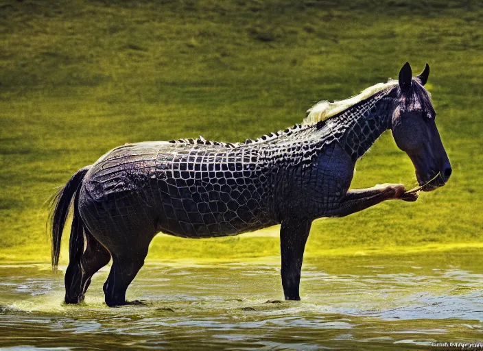 Image similar to horse with crocodile tail, national geographic photography