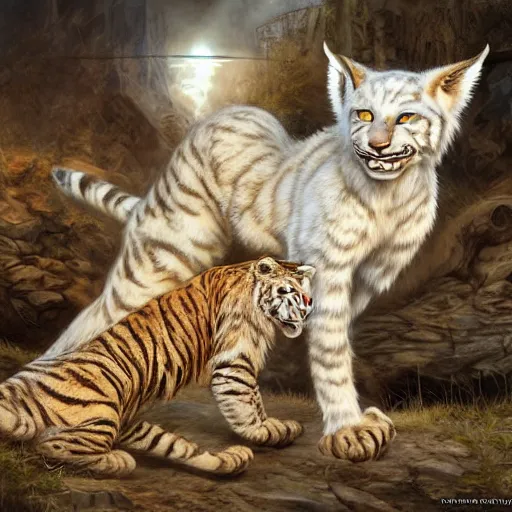 Image similar to white anthropomorphic lynx cat and white anthropomorphic tiger by Les Edwards and Noriyoshi Ohrai, furry art, steampunk fantasy style, 4k, trending on artstation