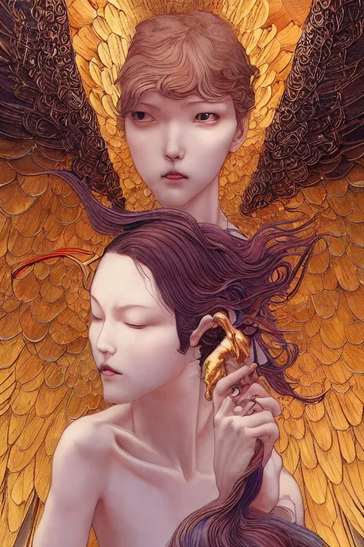 Image similar to prompt : angel women with golden wings soft light painted by james jean and katsuhiro otomo and erik jones, inspired by akira anime, smooth face feature, intricate oil painting, high detail illustration, sharp high detail, manga and anime 1 9 9 9