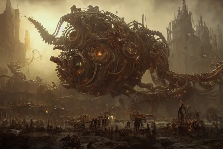 Image similar to steampunk family fighting a horde of crazy cyborg lovecraftian gods, 3d scene, render, ultra realistic, zenith view, Greg Rutkowski, artstation, cgsociety, unreal engine, ray racing, detailed illustration, hd, 4k, digital art, overdetailed art, concept art, complementing colors, Trending on artstation, deviantart