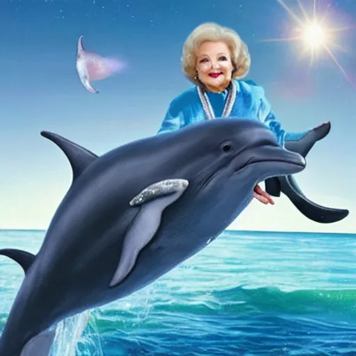 Image similar to betty white riding a saddled dolphin in space, 2 0 2 1 weta digital, cinematic vfx