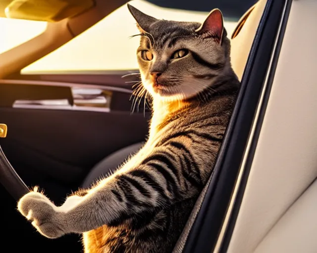 Prompt: top view of convertible, cat sitting in driver seat with front paws on steering wheel, golden hour