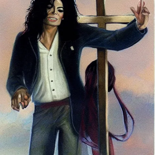 Image similar to michael jackson as jesus christ carrying a cross, realistic