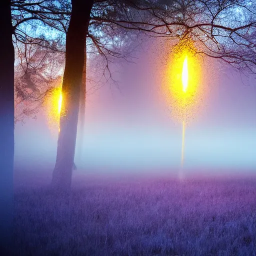 Image similar to forrest illuminated by glowing spheres, mist on ground, dramatic, night, 5 5 mm