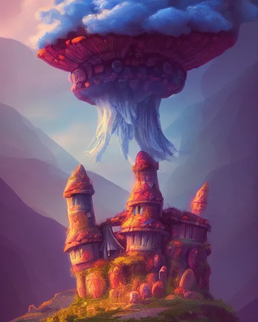 Image similar to flying cloud castle, mushroom buildings, illustration, bright, blue sky, mountains, colorful, cinematic lighting, fantasy, high detail, masterpiece, artstation, 4 k, art by wylie beckert