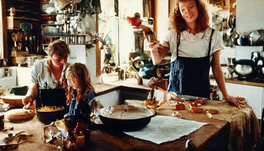 Image similar to 1990s candid 35mm photo of a beautiful day in the family kitchen , cinematic lighting, cinematic look, golden hour, mom is witch and cooking a potion in a cauldron, witches broom, smoky potion brewing in the kitchen, skulls and bats, UHD