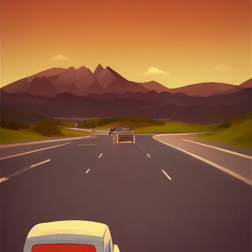 Image similar to goro fujita ilustration car on the highway, in the distance you can see the mountains, painting by goro fujita, sharp focus, highly detailed, artstation