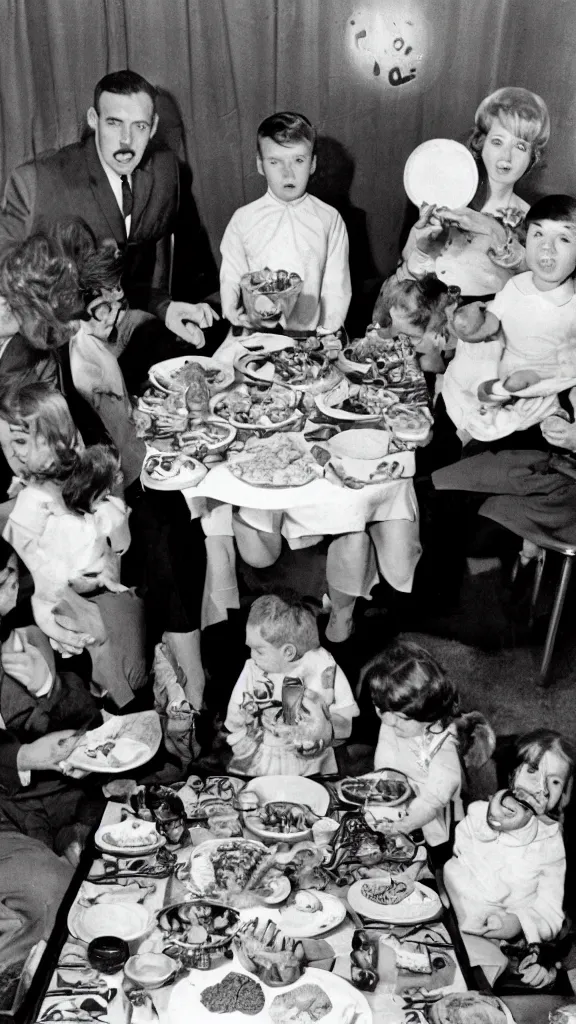 Image similar to occult satanic food ritual, family photo, 1 9 6 0 s, kodachrome