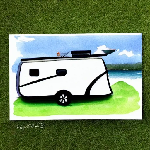 Prompt: long!! towable long white rv!!! on the grass by the harbor in maine, rocky coast, sailboats in the water, tiny village, white background, cute digital watercolor art, 4 colors!!! trending on artstation