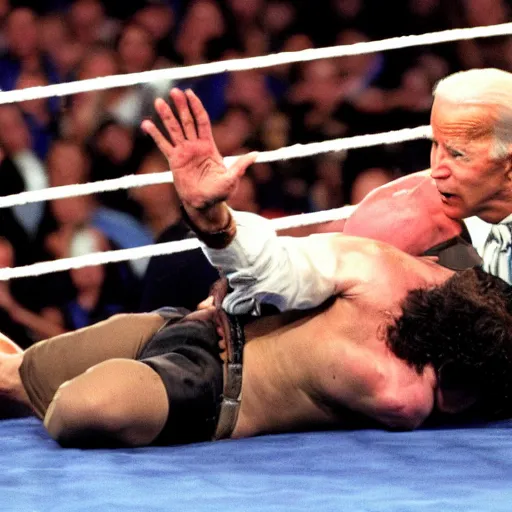 Prompt: joe biden getting body slammed at 1 9 9 9 wrestlemania