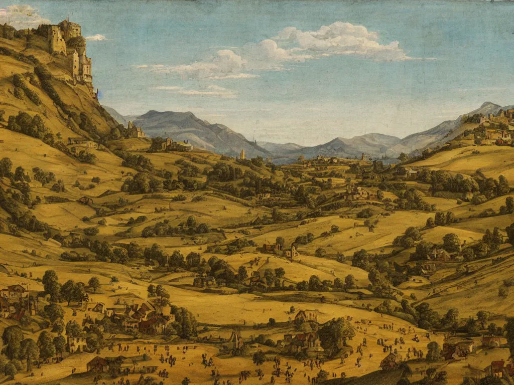 Image similar to medieval scenic with a fields hills and mountains