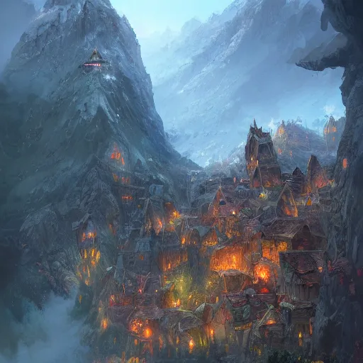 Image similar to beautiful fantasy landscape showing dwarven mining village in the mountains, by marc simonetti, anthony avon, nick gindraux, mark li, high quality, trending on artstation