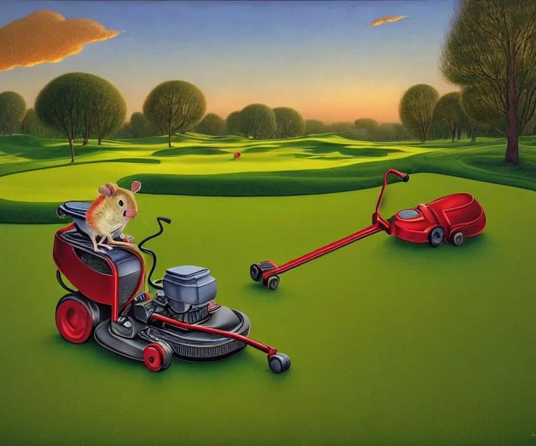 Image similar to hyper detailed 3d render like a Oil painting - a cartoon gerbil riding a lawnmower across a golf course at dawn, by Jacek Yerka, Mariusz Lewandowski, Houdini algorithmic generative render, Abstract brush strokes, Masterpiece, Edward Hopper and James Gilleard, Zdzislaw Beksinski, Mark Ryden, Wolfgang Lettl, hints of Yayoi Kasuma, octane render, 8k