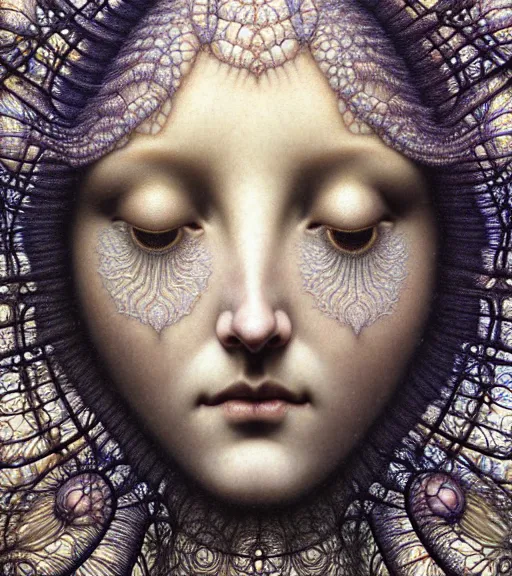 Image similar to detailed realistic beautiful crystal goddess face portrait by jean delville, gustave dore, iris van herpen and marco mazzoni, art forms of nature by ernst haeckel, art nouveau, symbolist, visionary, gothic, neo - gothic, pre - raphaelite, fractal lace, intricate alien botanicals, biodiversity, surreality, hyperdetailed ultrasharp octane render